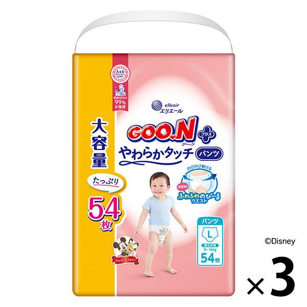 Goon Plus 尿布褲柔軟觸感 L（9-14 公斤）1 套（54 張 x 3 包）男女通用 Daio 紙